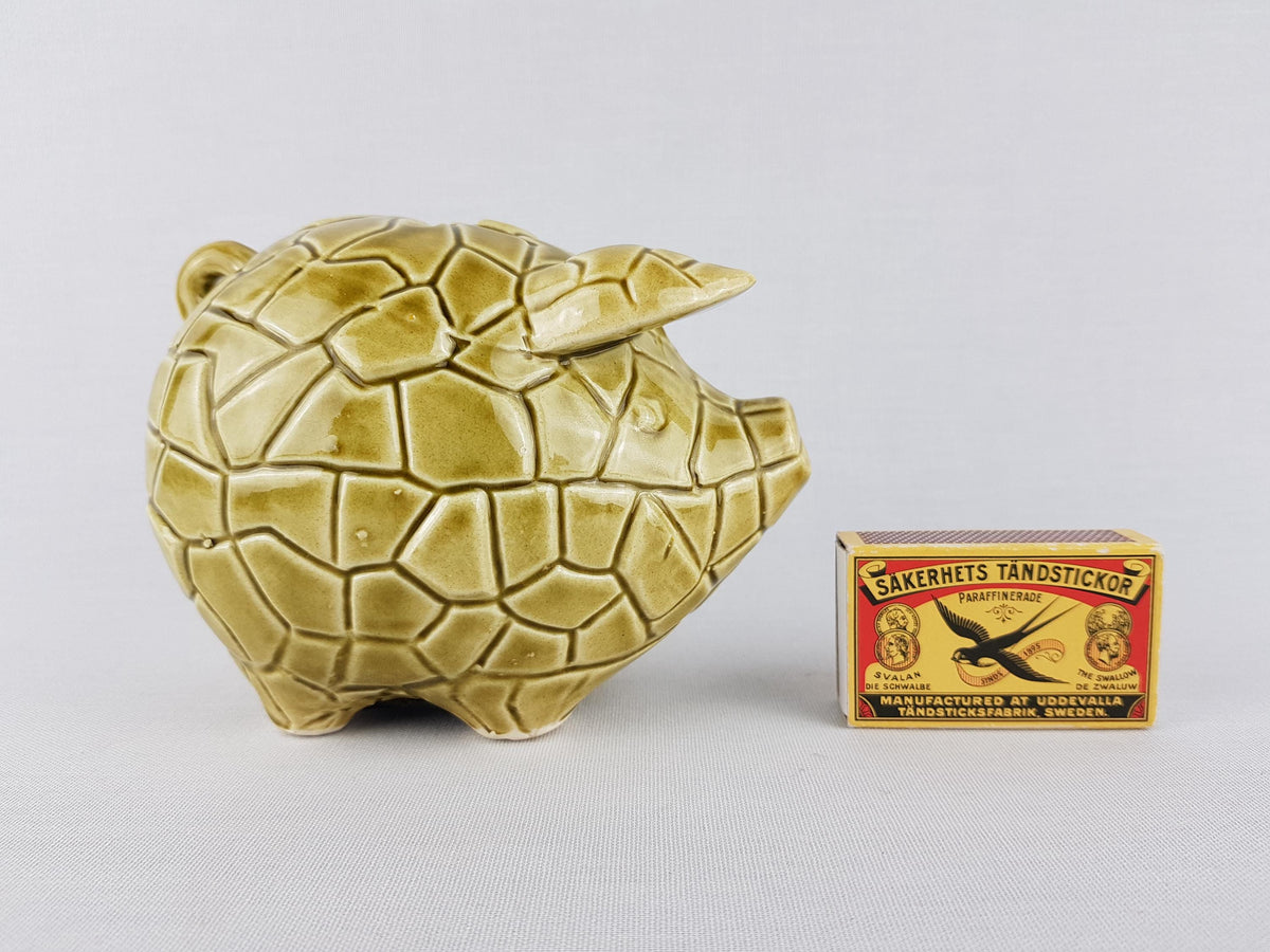 Vintage TILSO JAPAN Olive Green Figurine Piggy Bank Saving Money Box with Geometric Pattern Japanese Pottery