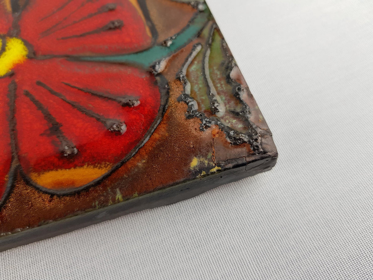 Vintage HEIBI KERAMIK Brown Wall Plate decorated with Red and Orange Flowers West German Pottery 1970s