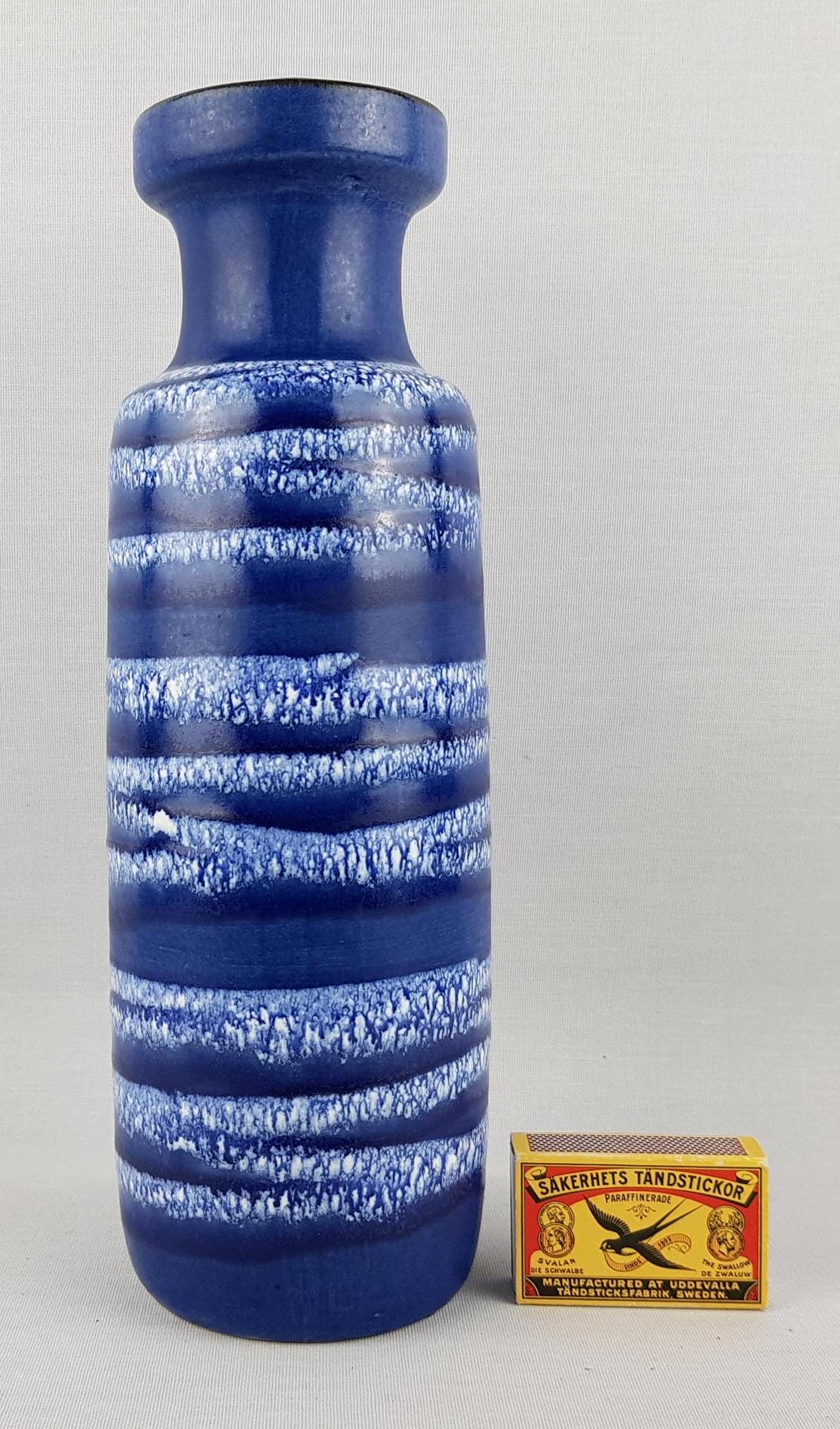 Vintage SCHEURICH KERAMIK Blue Vase White Horizontal Stripes 200 28 West German Pottery 1970s