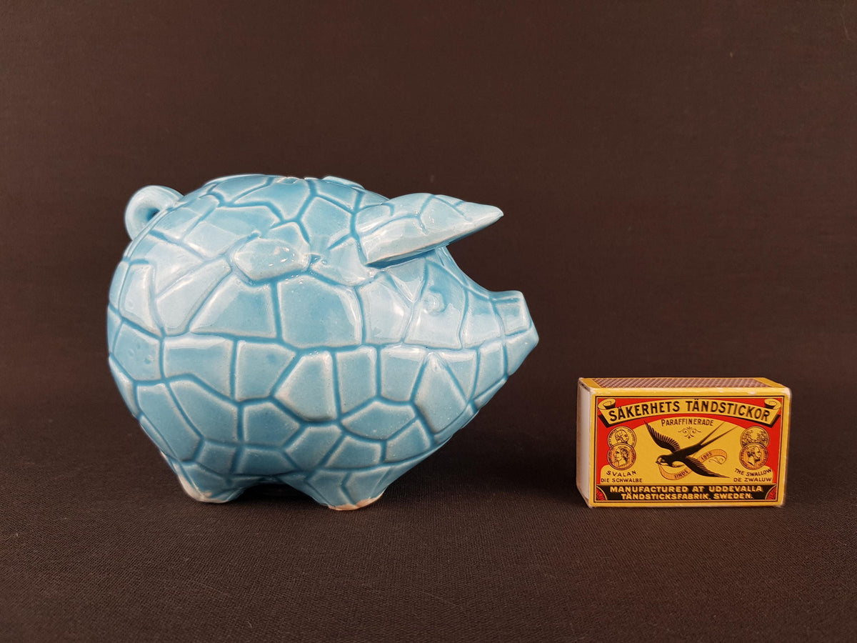 Vintage TILSO JAPAN Light Blue Figurine Piggy Bank Saving Money Box with Geometric Pattern Japanese Pottery