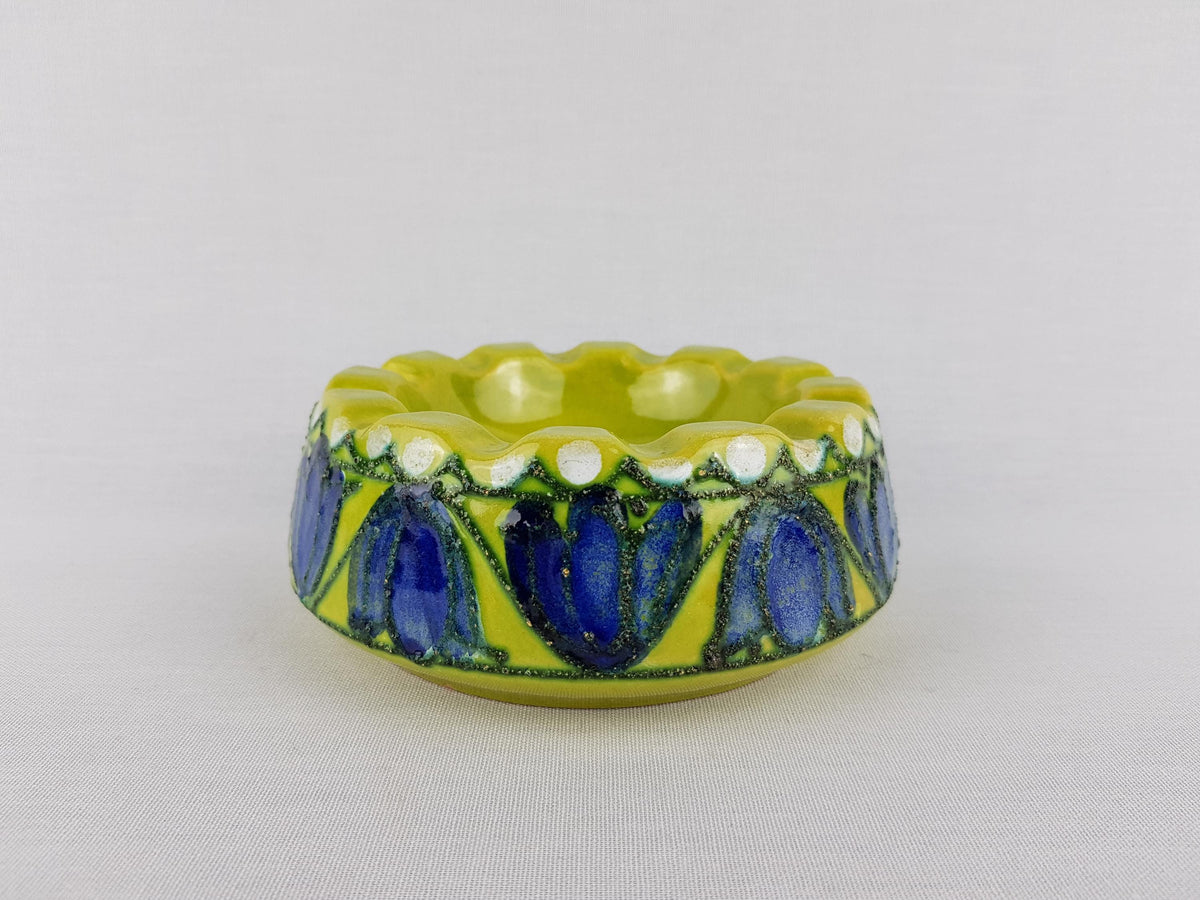 Vintage VEB STREHLA Lime Green and Blue Bowl / Ashtray with Flowers East German Pottery 1960s