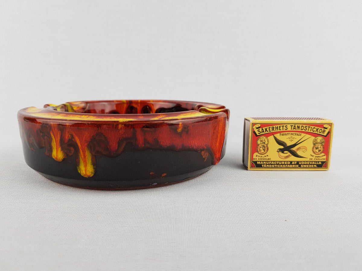Vintage MID CENTURY MODERN Red, Yellow and Dark Brown Fat Lava Ashtray / Bowl West German Pottery 1960-70s