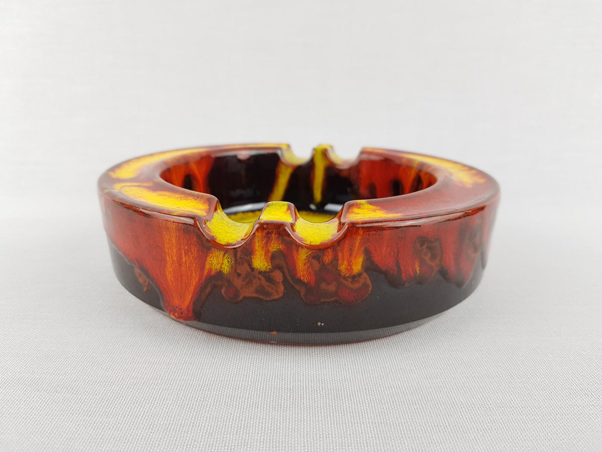 Vintage MID CENTURY MODERN Red, Yellow and Dark Brown Fat Lava Ashtray / Bowl West German Pottery 1960-70s