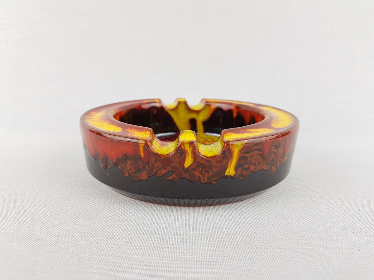 Vintage MID CENTURY MODERN Red, Yellow and Dark Brown Fat Lava Ashtray / Bowl West German Pottery 1960-70s