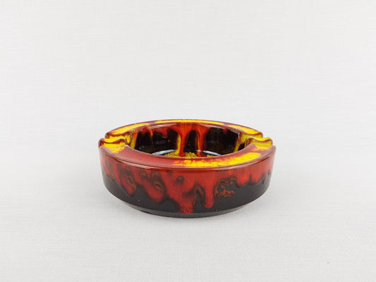 Vintage MID CENTURY MODERN Red, Yellow and Dark Brown Fat Lava Ashtray / Bowl West German Pottery 1960-70s