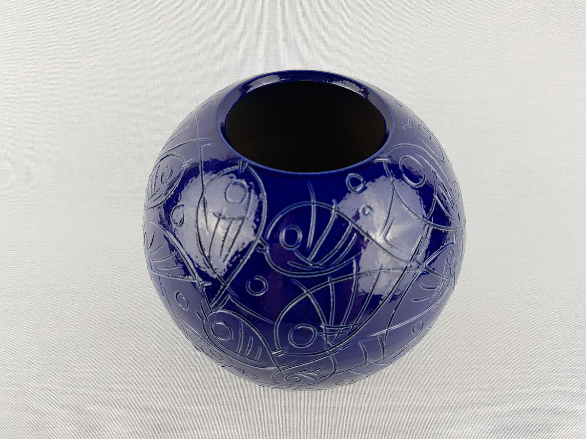 Vintage BLUE BALL VASE – Sgraffito Fish Decor 1960-70's