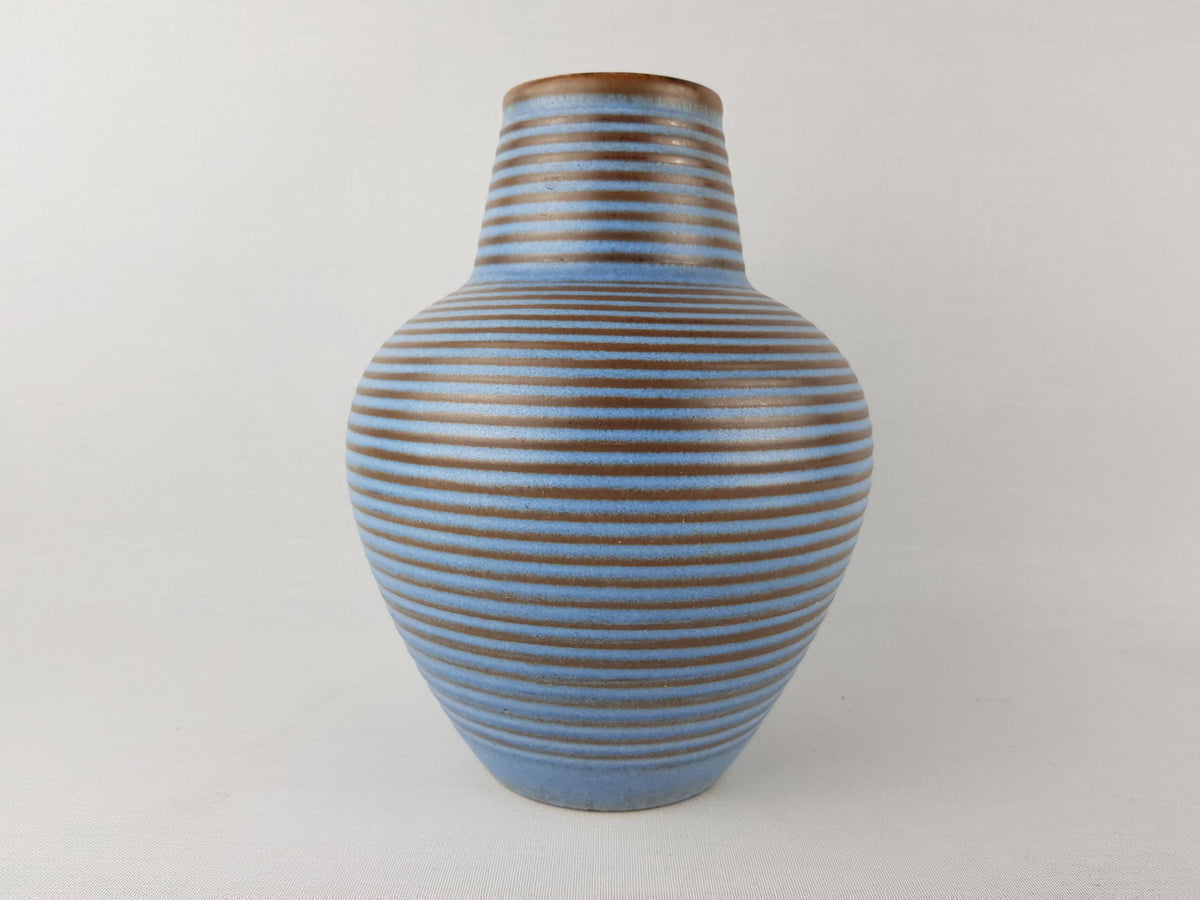 Vintage MARZI und REMY Stylish Blue Vase with Brown Ribbed Decor West German Pottery 1950-60's