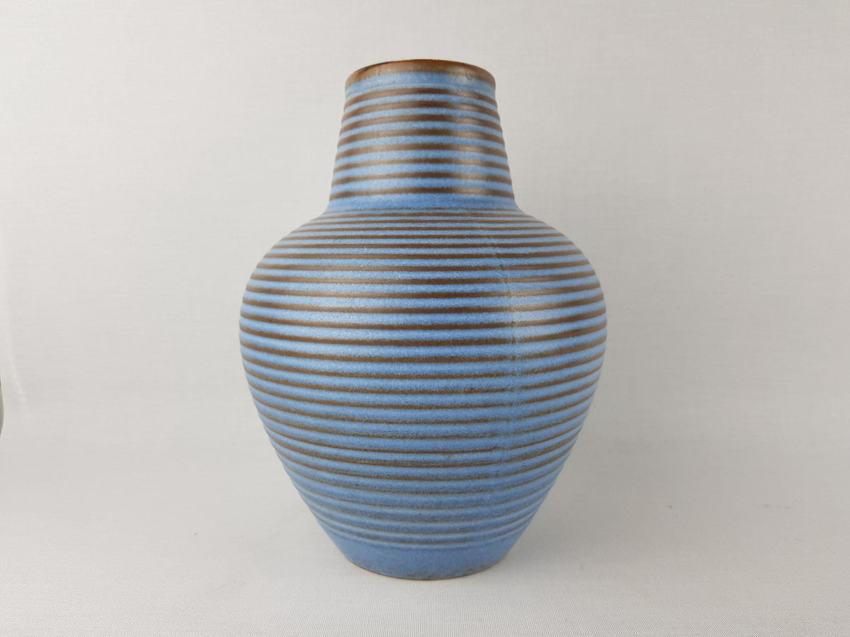 Vintage MARZI und REMY Stylish Blue Vase with Brown Ribbed Decor West German Pottery 1950-60's