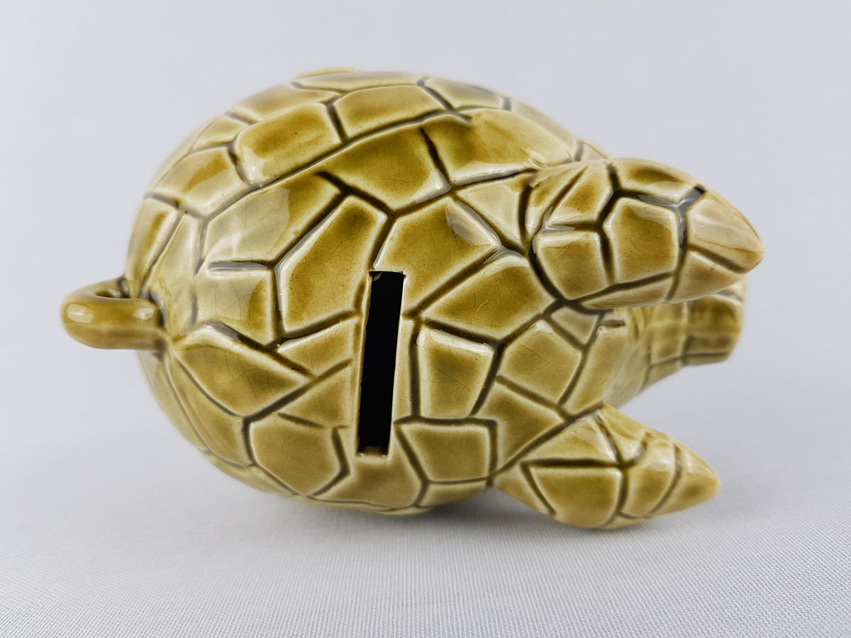 Vintage TILSO JAPAN Olive Green Figurine Piggy Bank Saving Money Box with Geometric Pattern Japanese Pottery