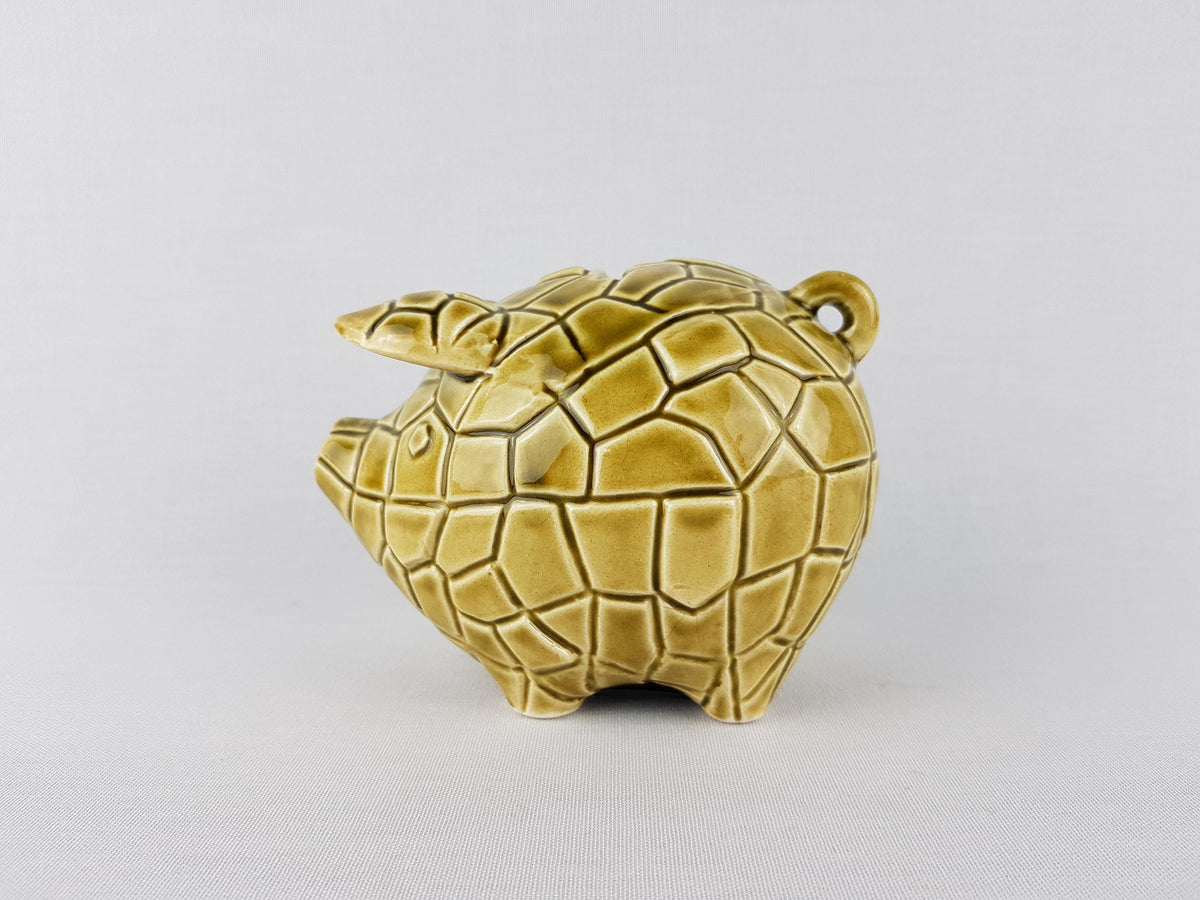 Vintage TILSO JAPAN Olive Green Figurine Piggy Bank Saving Money Box with Geometric Pattern Japanese Pottery