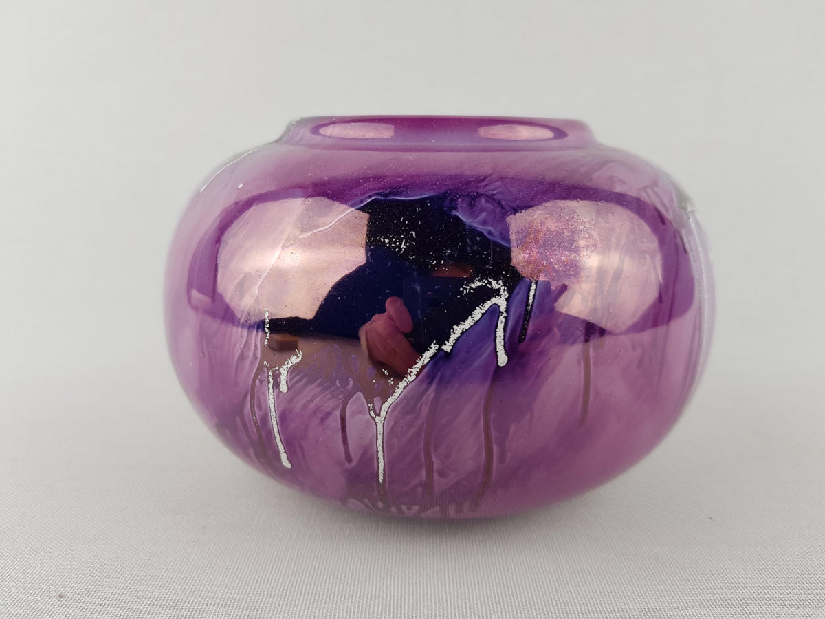 Vintage OLARTE STUDIO Glossy Purple MultiColor Lusterware Ball Vase/ Bowl Portugal Pottery 1980s