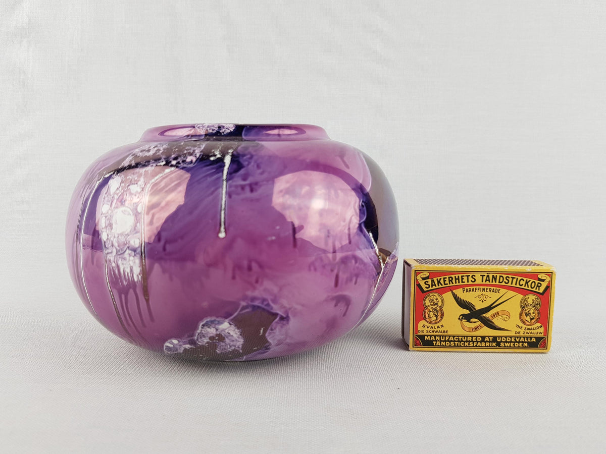 Vintage OLARTE STUDIO Glossy Purple MultiColor Lusterware Ball Vase/ Bowl Portugal Pottery 1980s