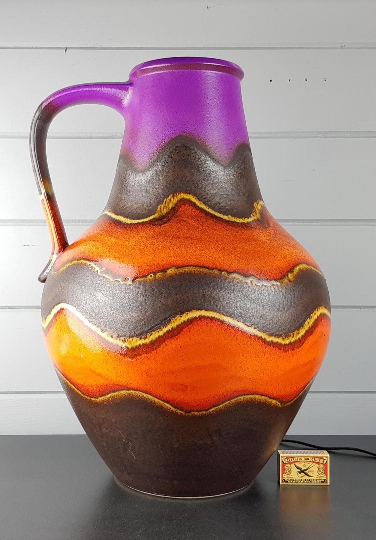 XXL Vintage DÜMLER & BREIDEN Handled Purple, Orange and Grey Floor Vase 313/50 West German Pottery 1970s