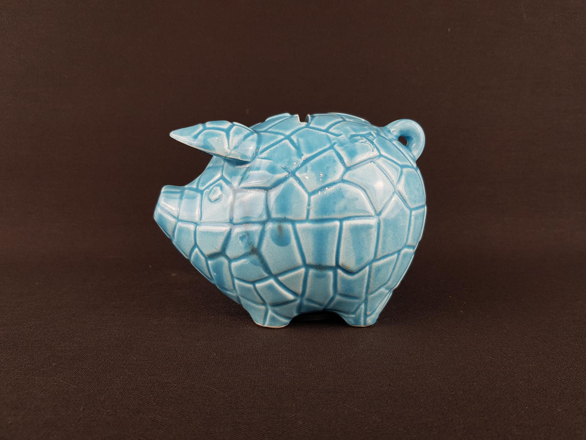 Vintage TILSO JAPAN Light Blue Figurine Piggy Bank Saving Money Box with Geometric Pattern Japanese Pottery