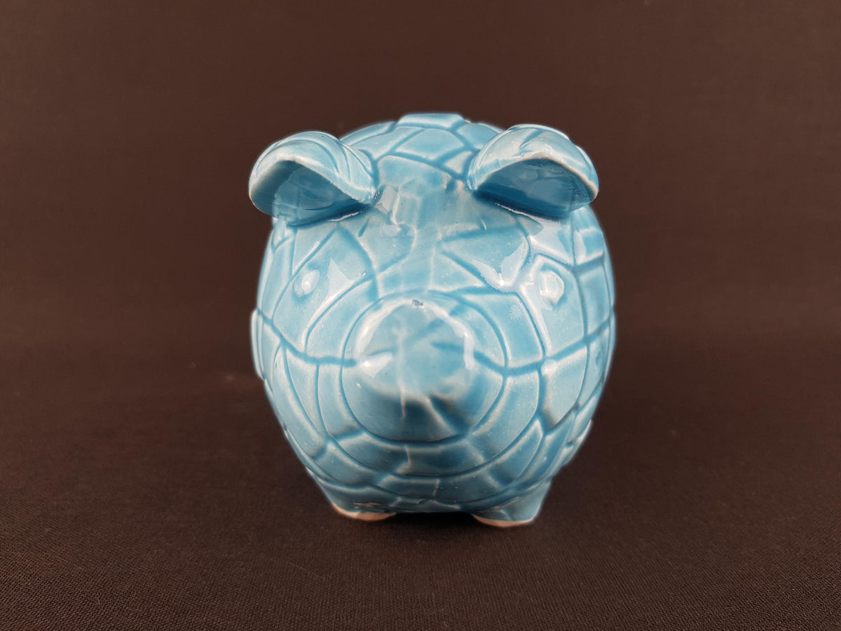 Vintage TILSO JAPAN Light Blue Figurine Piggy Bank Saving Money Box with Geometric Pattern Japanese Pottery