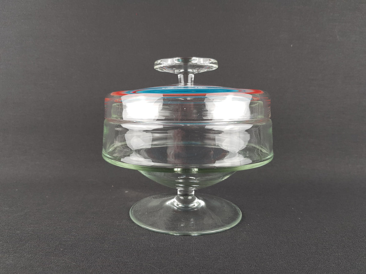 Vintage Royal Leerdam Kristalunie Clear Glass Cookie Jar - Red & Blue Lid Detail, Dutch Glass Art, 1960s/70s