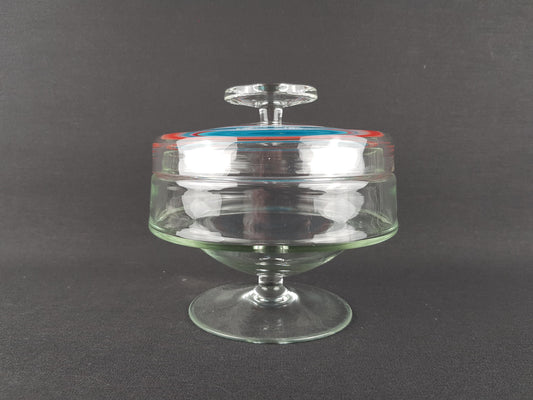 Vintage Royal Leerdam Kristalunie Clear Glass Cookie Jar - Red & Blue Lid Detail, Dutch Glass Art, 1960s/70s