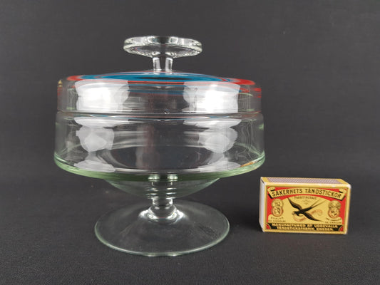 Vintage Royal Leerdam Kristalunie Clear Glass Cookie Jar - Red & Blue Lid Detail, Dutch Glass Art, 1960s/70s