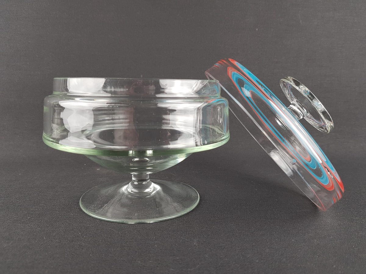 Vintage Royal Leerdam Kristalunie Clear Glass Cookie Jar - Red & Blue Lid Detail, Dutch Glass Art, 1960s/70s