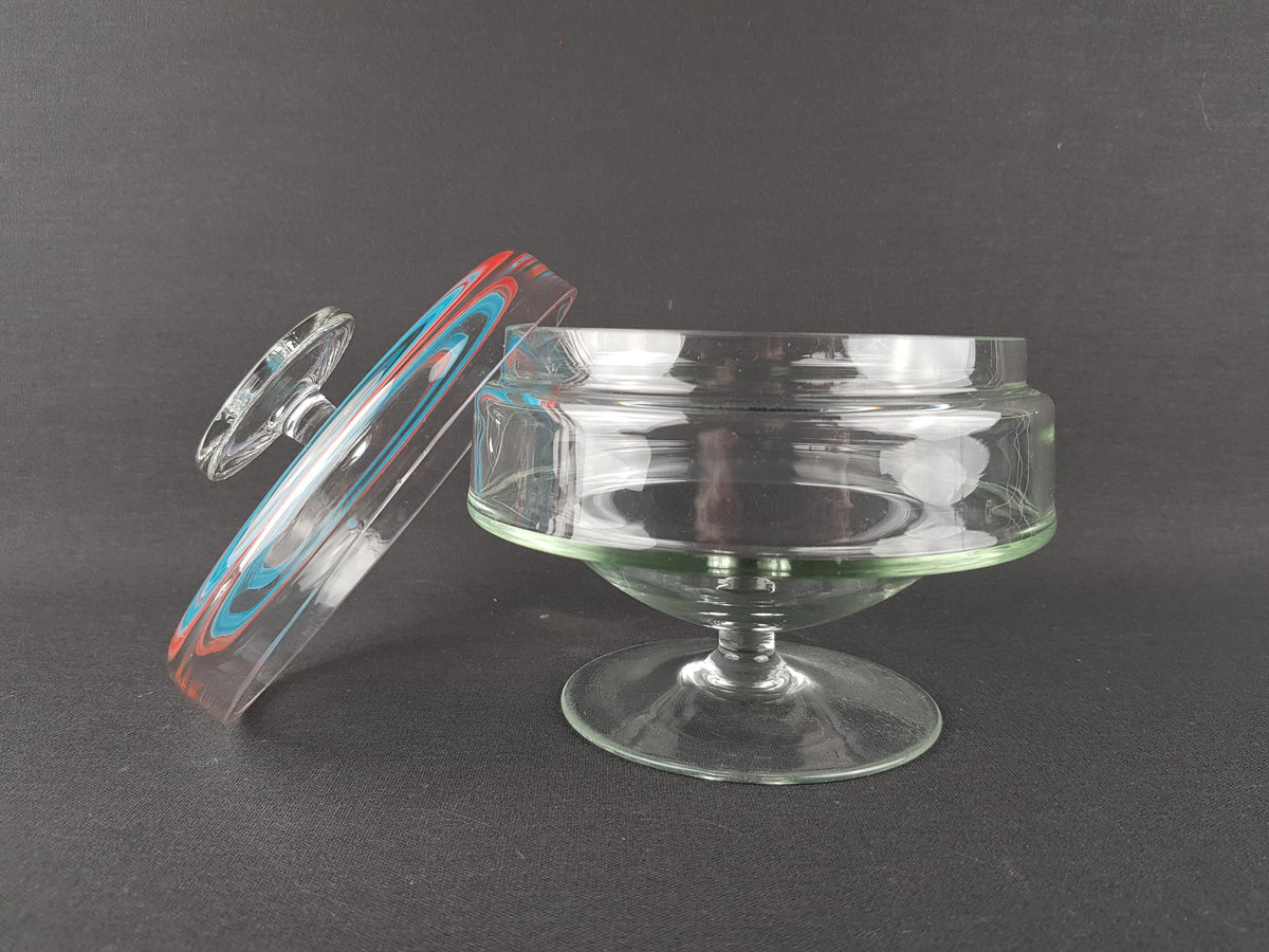Vintage Royal Leerdam Kristalunie Clear Glass Cookie Jar - Red & Blue Lid Detail, Dutch Glass Art, 1960s/70s