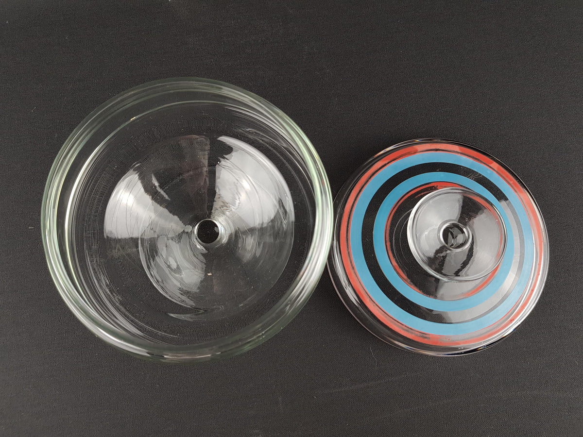 Vintage Royal Leerdam Kristalunie Clear Glass Cookie Jar - Red & Blue Lid Detail, Dutch Glass Art, 1960s/70s