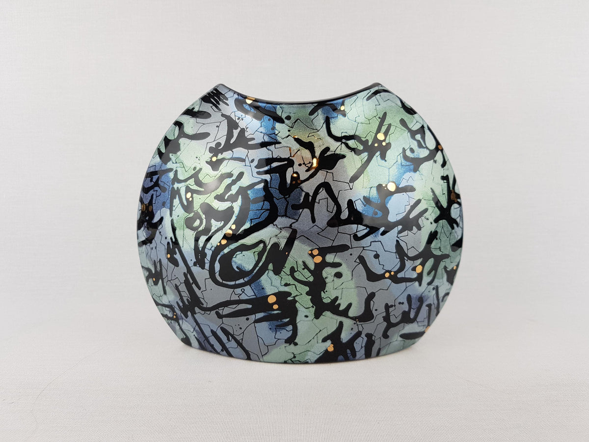 Vintage STEULER DESIGN Ceramic Blue and Green Fish Mouth Vase West German Pottery 1980s