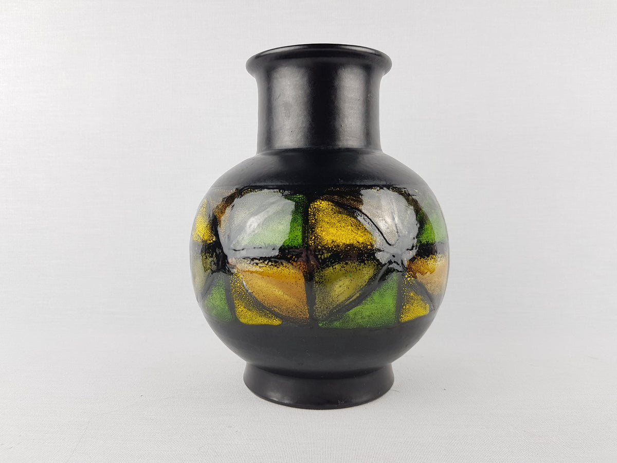 Vintage Black BITOSSI Vase with Green and Yellow Vetrata Decor by Aldo Londi from Italy 1960-70