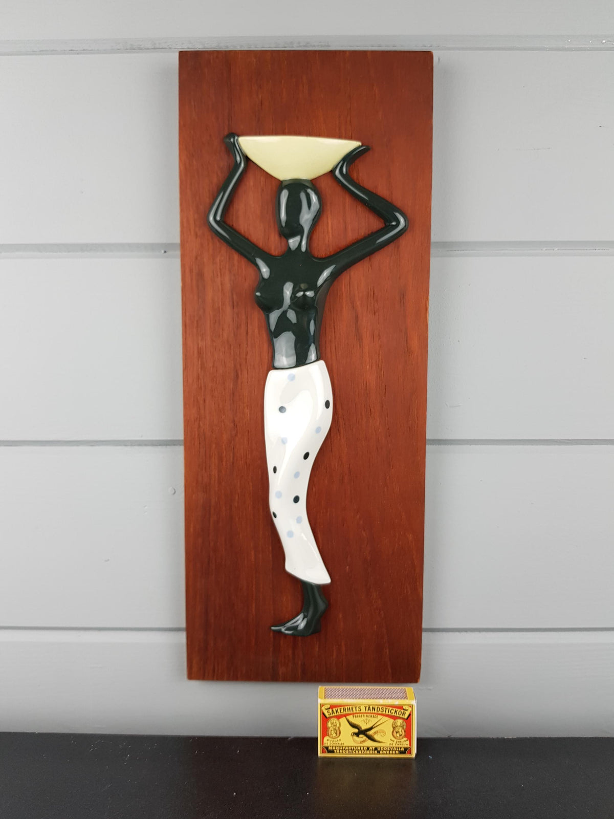 Vintage SGRAFO MODERN Teak Wall Board Plaque with 3D Porcelain Woman West Germany 1958-60s