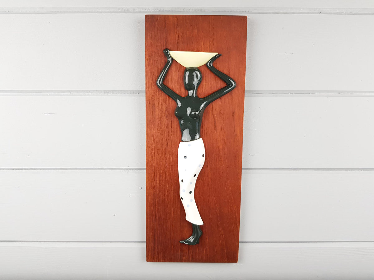 Vintage SGRAFO MODERN Teak Wall Board Plaque with 3D Porcelain Woman West Germany 1958-60s
