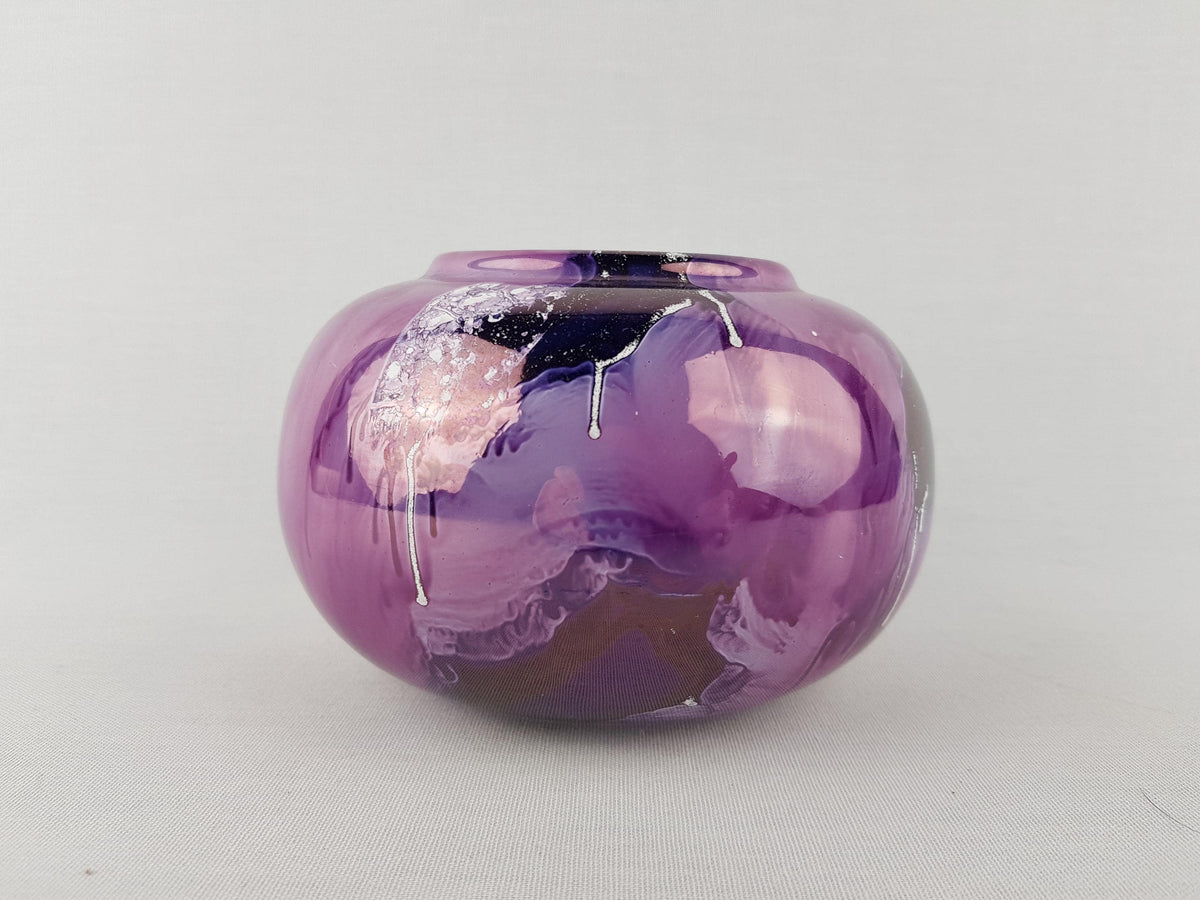 Vintage OLARTE STUDIO Glossy Purple MultiColor Lusterware Ball Vase/ Bowl Portugal Pottery 1980s