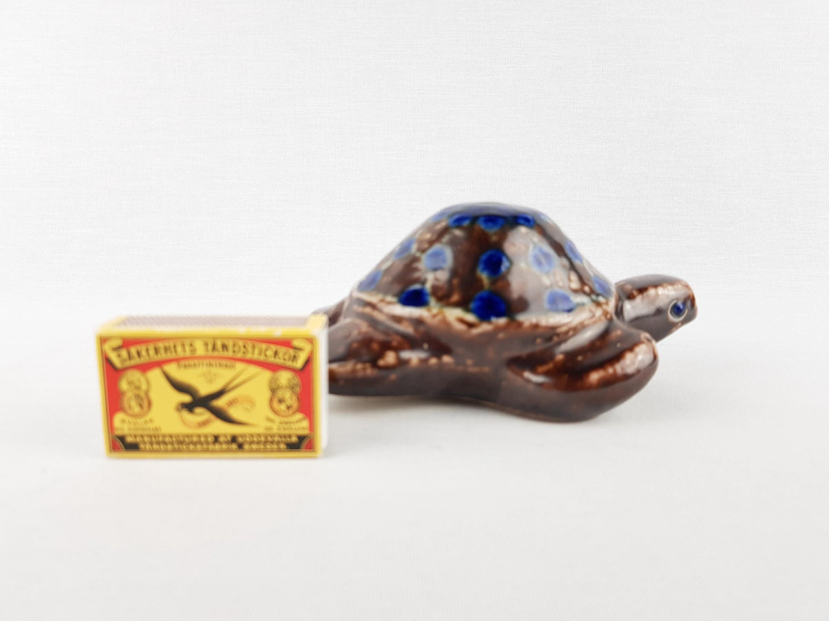 Vintage STUDIO POTTERY Blue and Brown Ceramic Turtle By Elfriede Balzar-Kopp West German Pottery 1950s