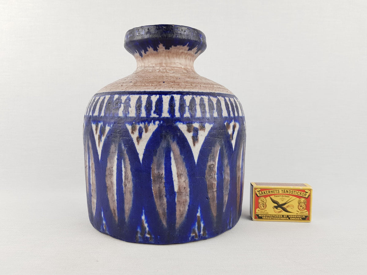 Vintage STUDIO ART POTTERY Handpainted Blue and Beige Vase Likely Danish Pottery Mid Century Modern