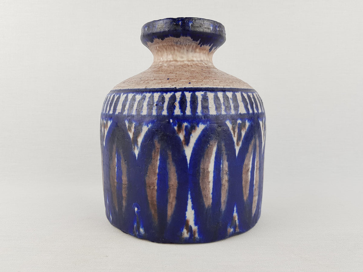 Vintage STUDIO ART POTTERY Handpainted Blue and Beige Vase Likely Danish Pottery Mid Century Modern