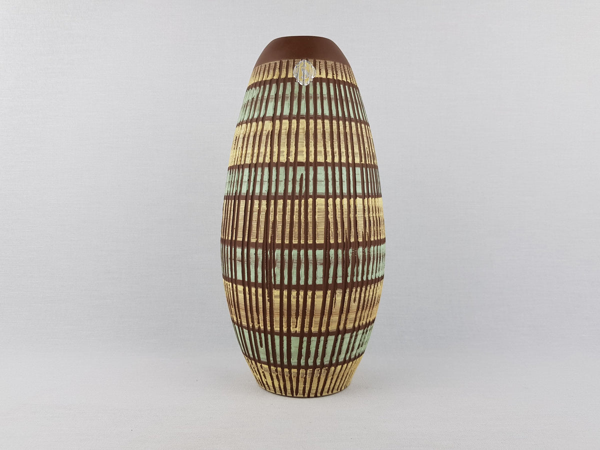Vintage SIERHAHN KERAMIK Siershahner Fabrik Brown, Yellow and Green Sgraffito Vase West German Pottery