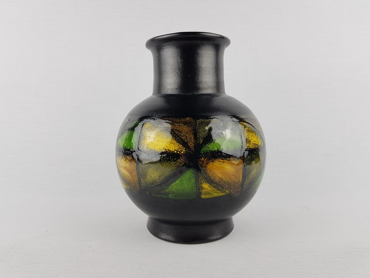 Vintage Black BITOSSI Vase with Green and Yellow Vetrata Decor by Aldo Londi from Italy 1960-70