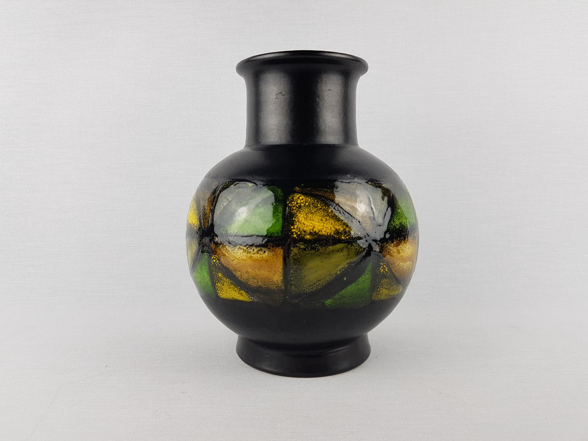 Vintage Black BITOSSI Vase with Green and Yellow Vetrata Decor by Aldo Londi from Italy 1960-70