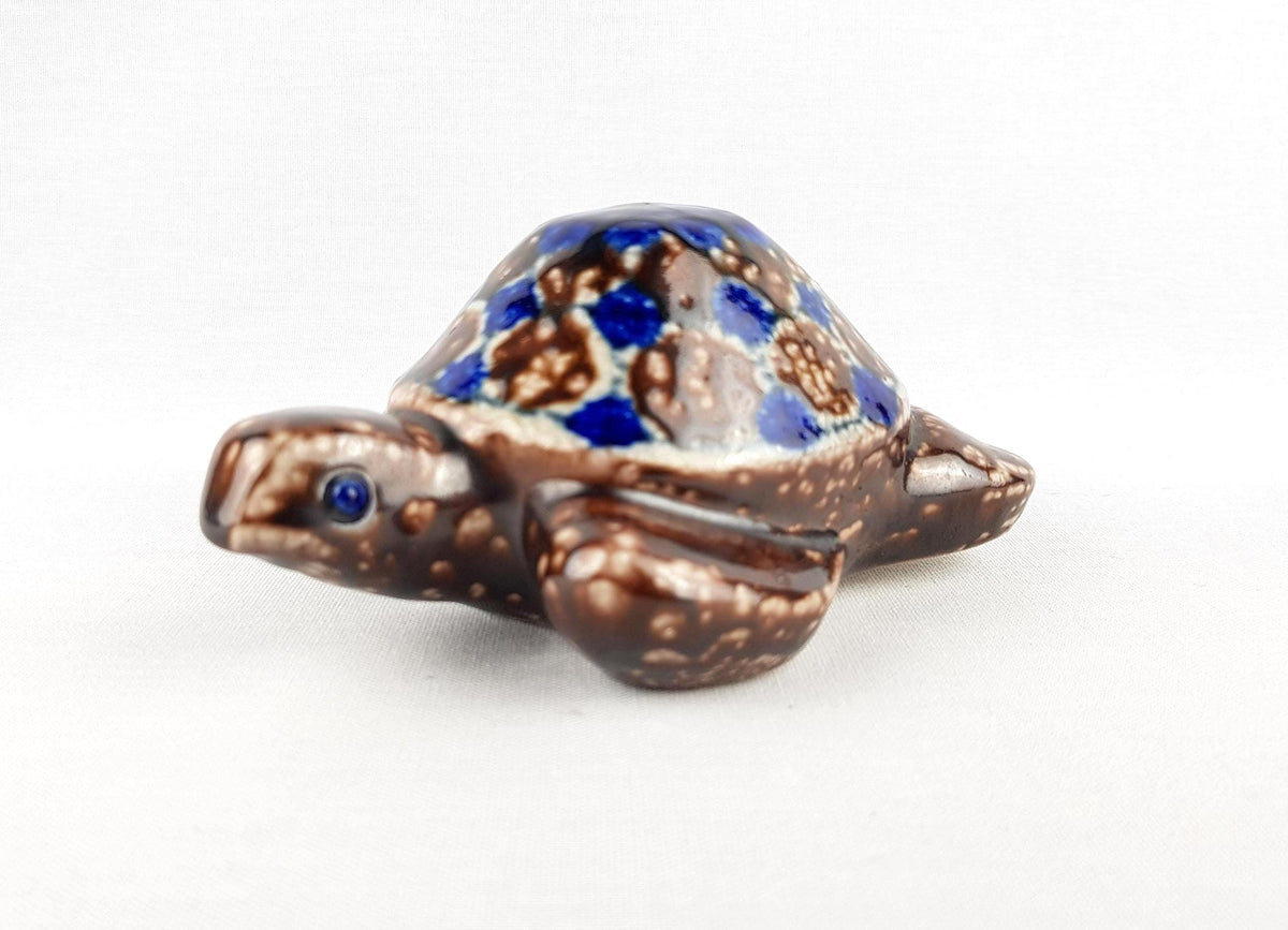 Vintage STUDIO POTTERY Blue and Brown Ceramic Turtle By Elfriede Balzar-Kopp West German Pottery 1950s