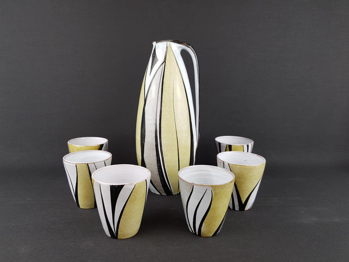 Vintage KROSSELBACH Pitcher Vase, incl 6 mugs by Clare Zange West German Pottery 1950s