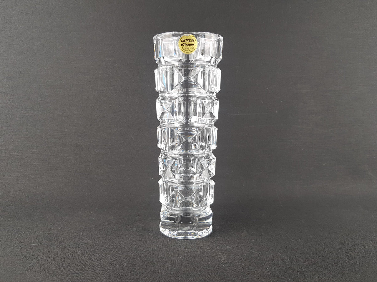Vintage CRISTAL D'ARQUES Clear Glass Vase With Geometric Pattern France 1970s