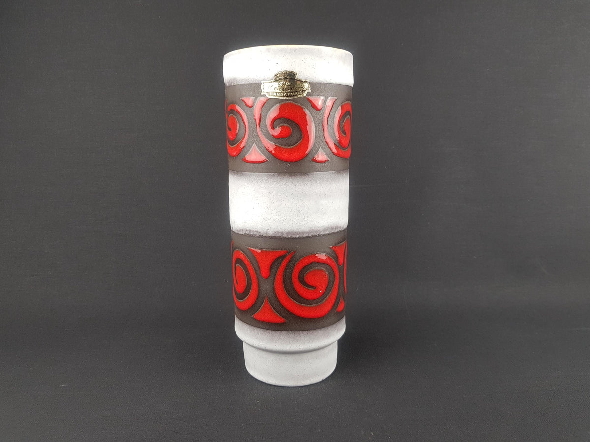 Vintage BAY KERAMIK Vase | Bold Red Swirls & White Glaze Decor Samos | Mid-Century Modern Ceramic | Yellow Interior 1967s