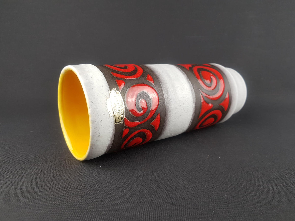 Vintage BAY KERAMIK Vase | Bold Red Swirls & White Glaze Decor Samos | Mid-Century Modern Ceramic | Yellow Interior 1967s