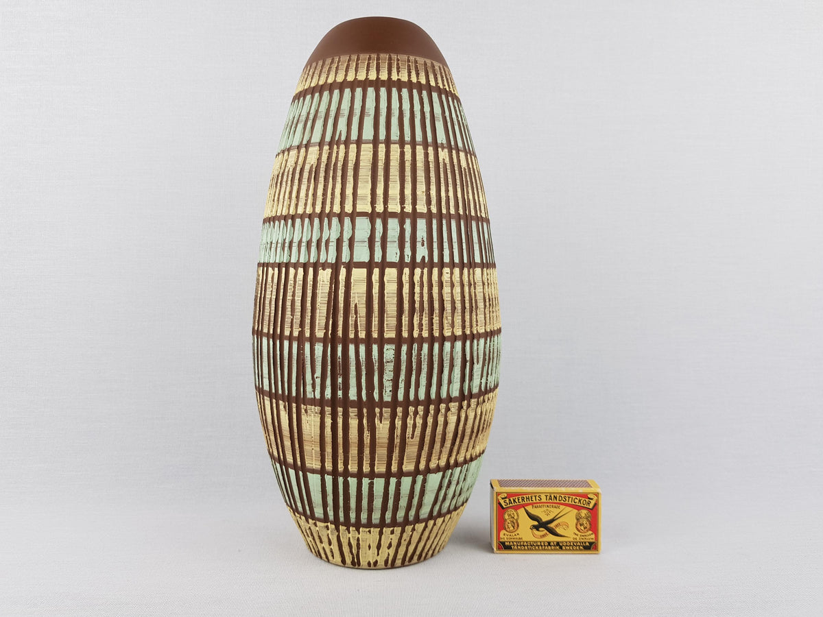 Vintage SIERHAHN KERAMIK Siershahner Fabrik Brown, Yellow and Green Sgraffito Vase West German Pottery