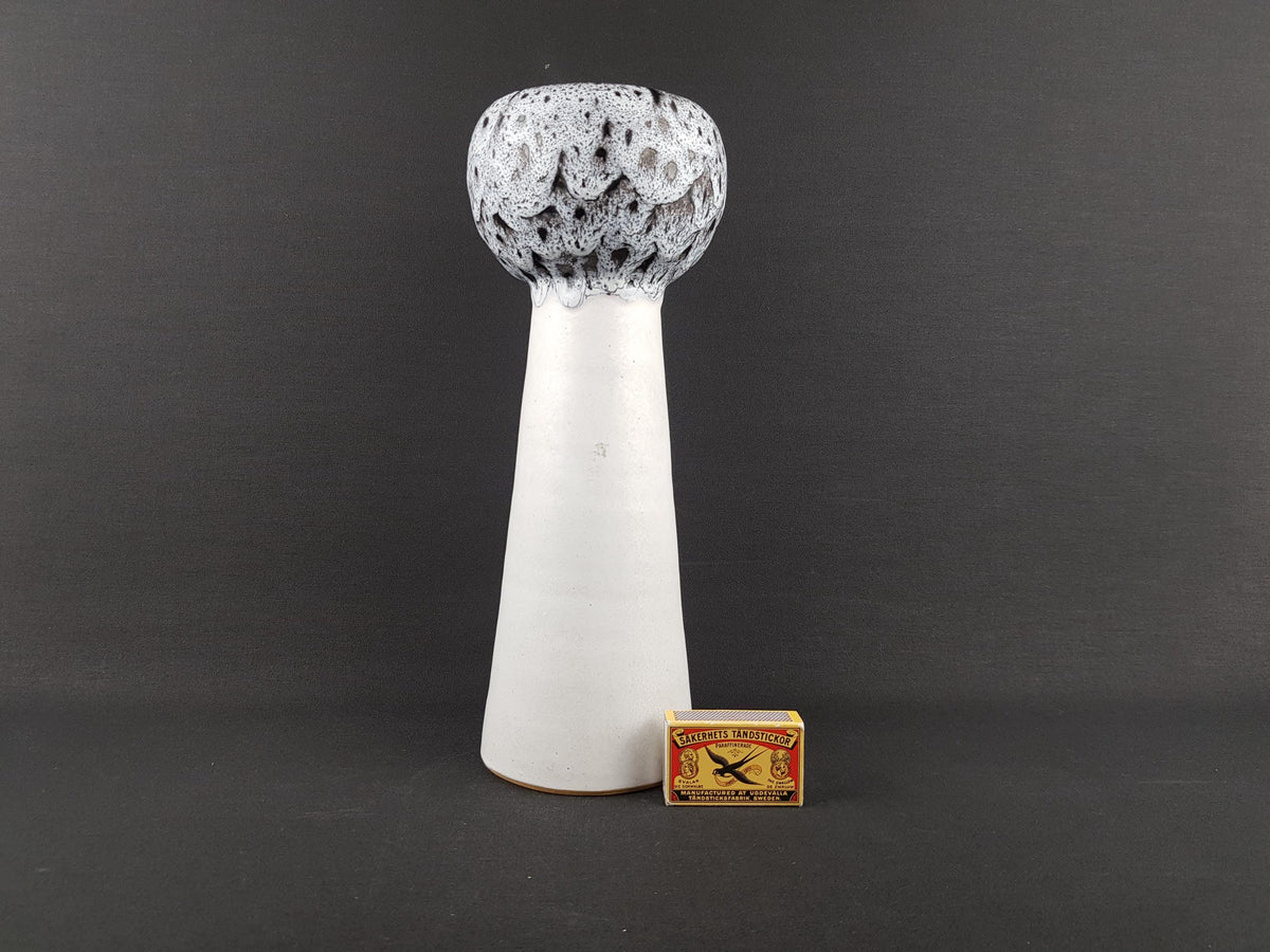 Vintage ALBERT KIESSLING White and Black Fat Lava Vase with Blueish Glow East German Pottery 1950s