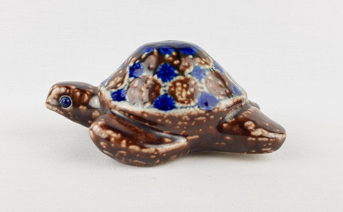 Vintage STUDIO POTTERY Blue and Brown Ceramic Turtle By Elfriede Balzar-Kopp West German Pottery 1950s