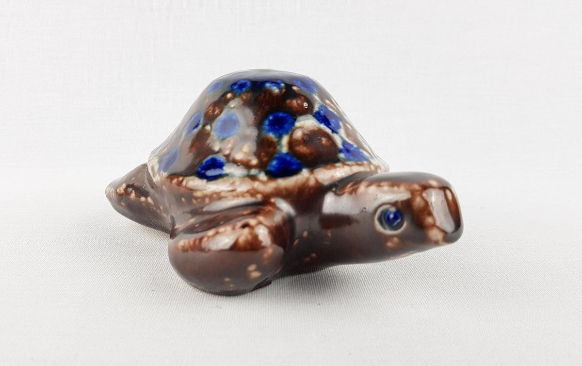 Vintage STUDIO POTTERY Blue and Brown Ceramic Turtle By Elfriede Balzar-Kopp West German Pottery 1950s