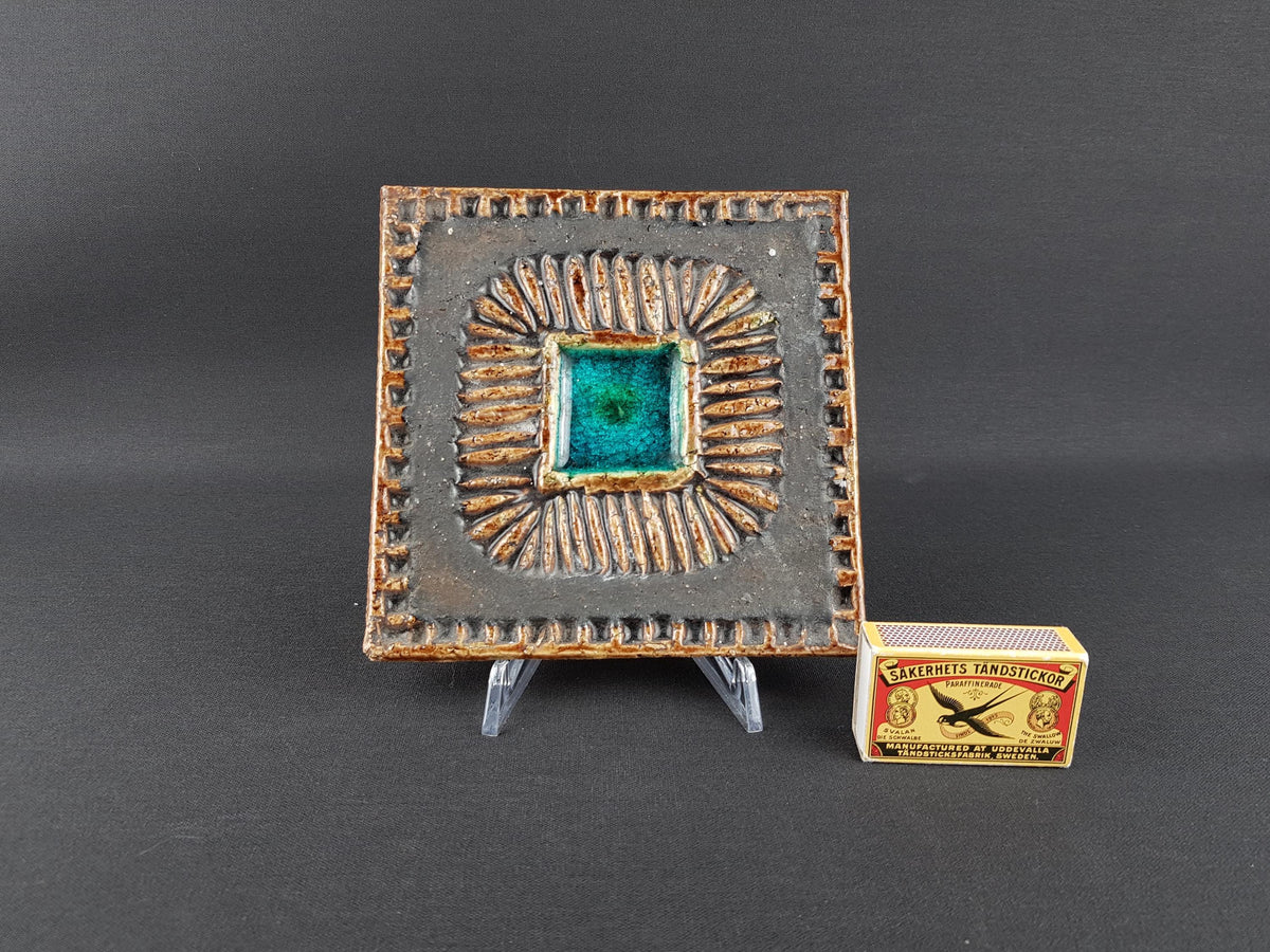 Vintage SECLA Portugal Ceramic Wall Tile – Mid Century Modern Brutalist Sunburst Relief – Turquoise Glaze Art Tile, c. 1970s