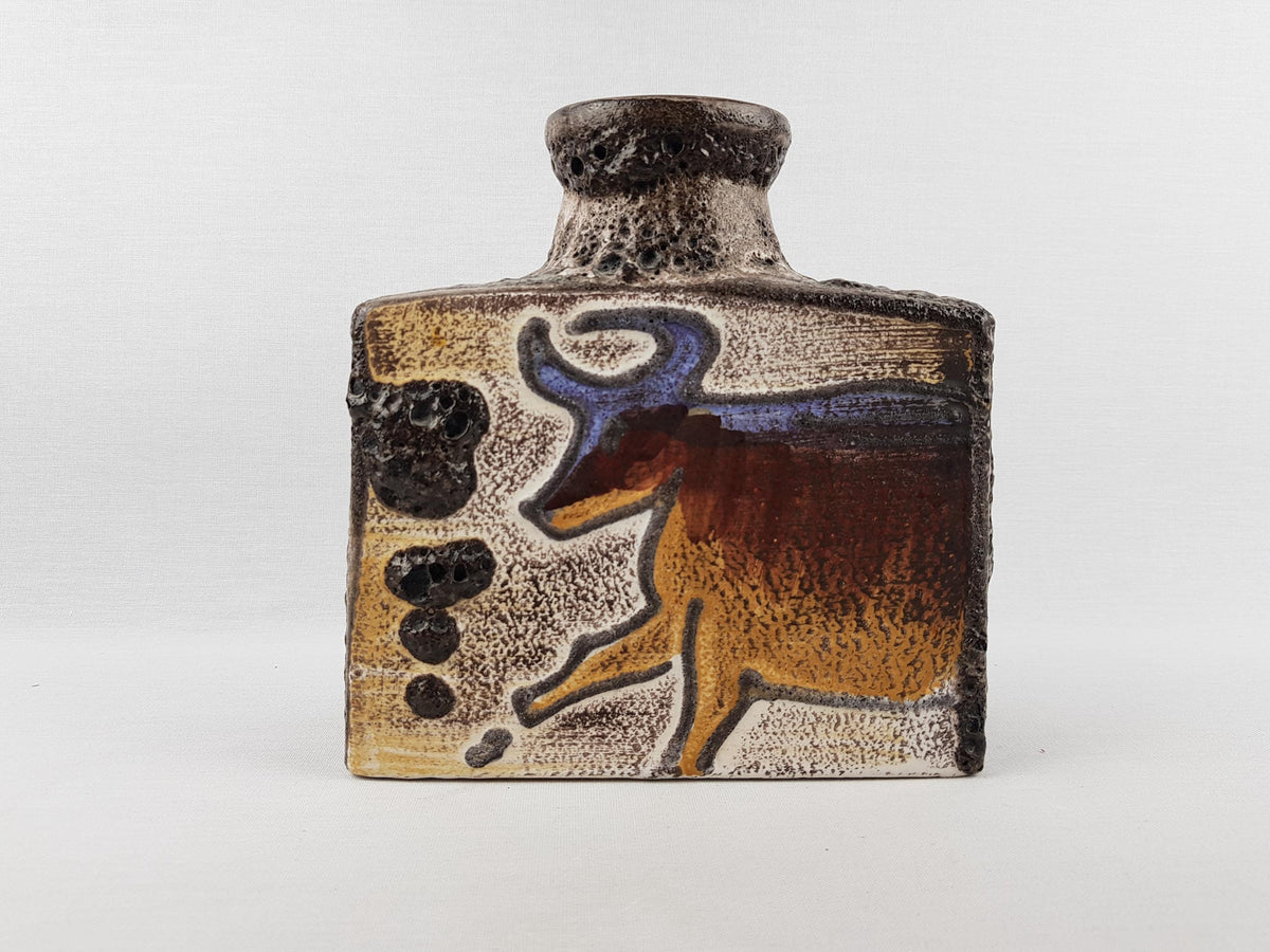 Vintage SCHEURICH KERAMIK Rectangular Vase With Bull and Horse Decor 281-19 West German Pottery 1970s
