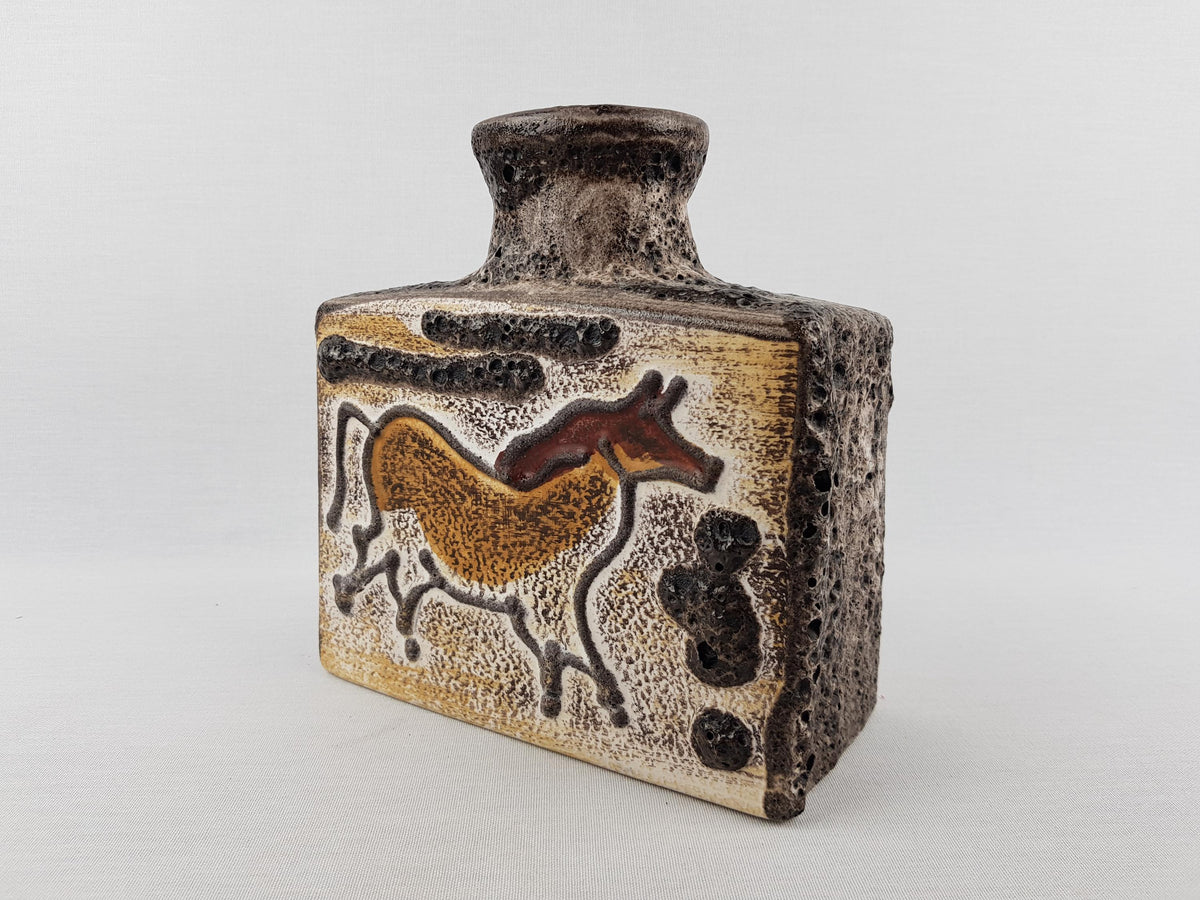 Vintage SCHEURICH KERAMIK Rectangular Vase With Bull and Horse Decor 281-19 West German Pottery 1970s