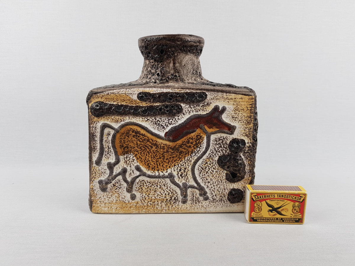Vintage SCHEURICH KERAMIK Rectangular Vase With Bull and Horse Decor 281-19 West German Pottery 1970s