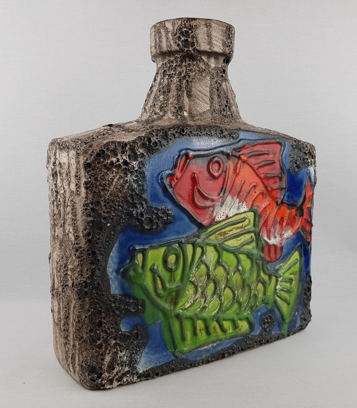 XXL SCHEURICH KERAMIK Rectangular Fat Lava Floor Vase 281-39 with Fish decor 1972s